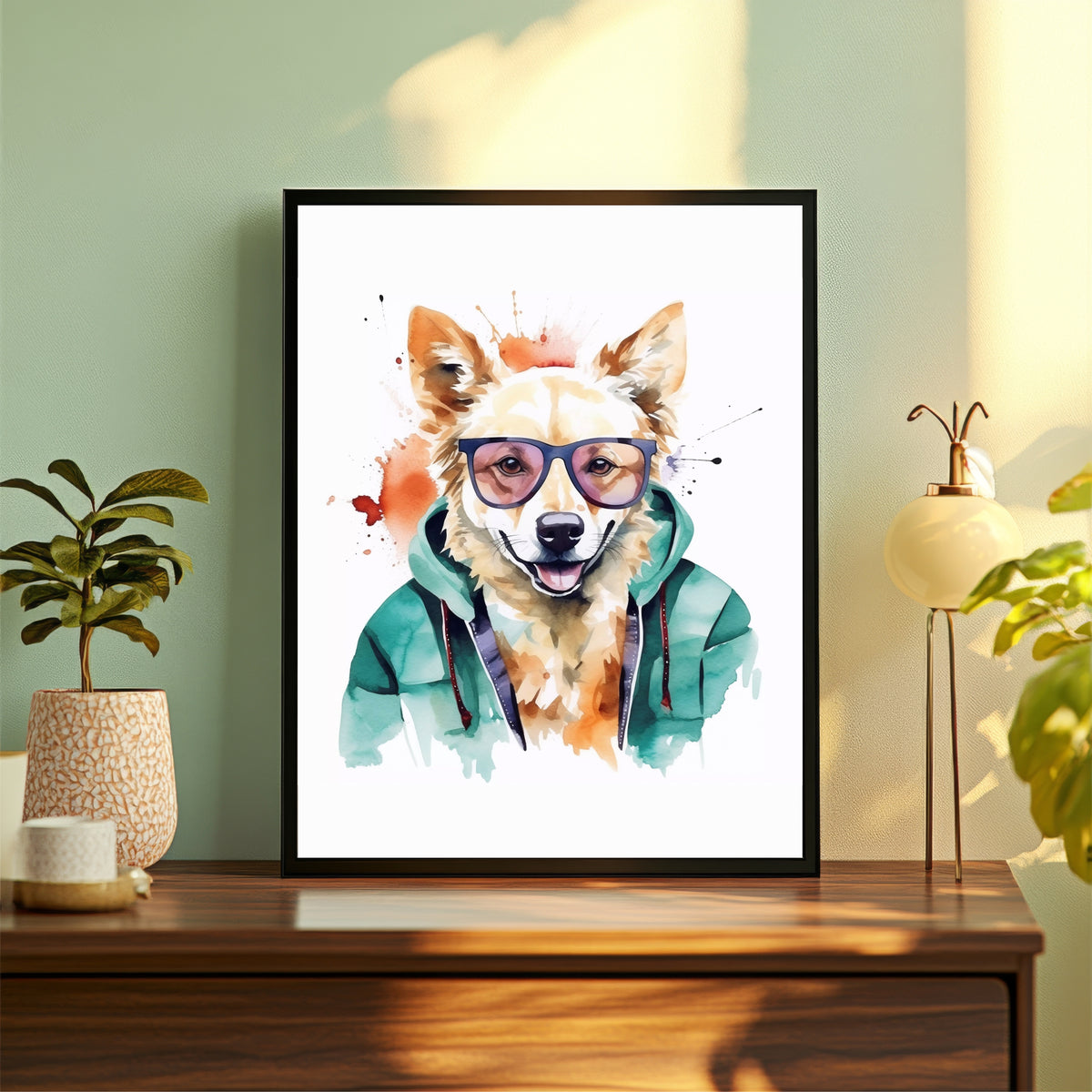 Dog Wall Art | Cute Dog in Sunglasses Watercolor Artwork | Funny Pet Wall Decor | Framed Animal Art
