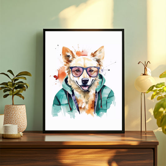 Dog Wall Art | Cute Dog in Sunglasses Watercolor Artwork | Funny Pet Wall Decor | Framed Animal Art