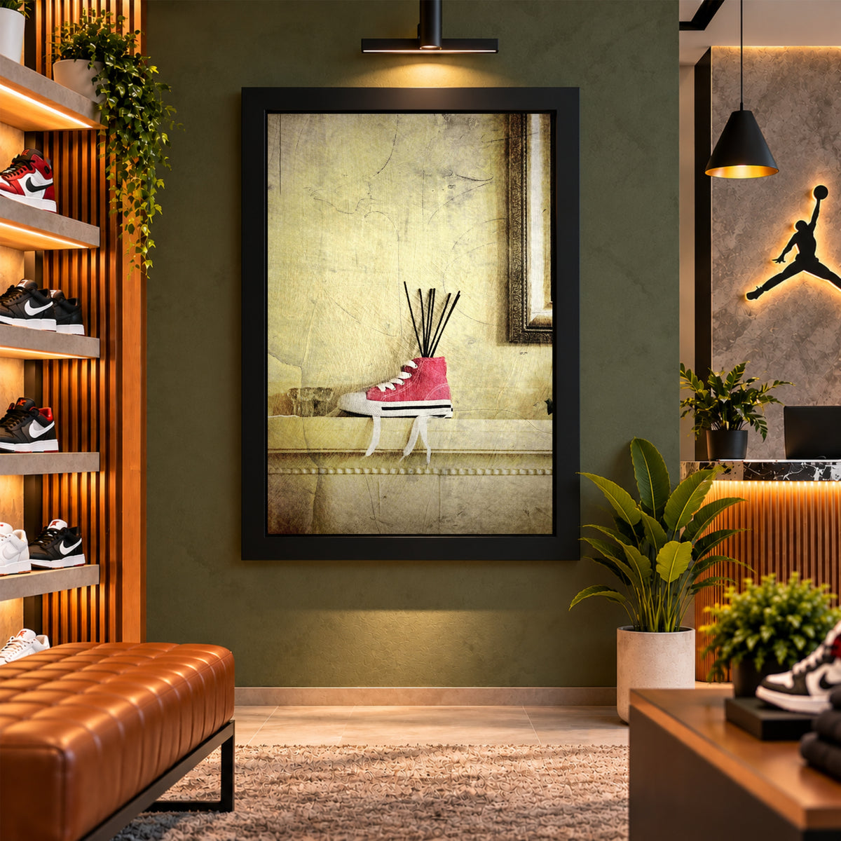 Red Sneaker Wall Art | Creative Shoe & Reed Diffuser Artwork | Vintage Footwear Photography | Retro Home Wall Decor