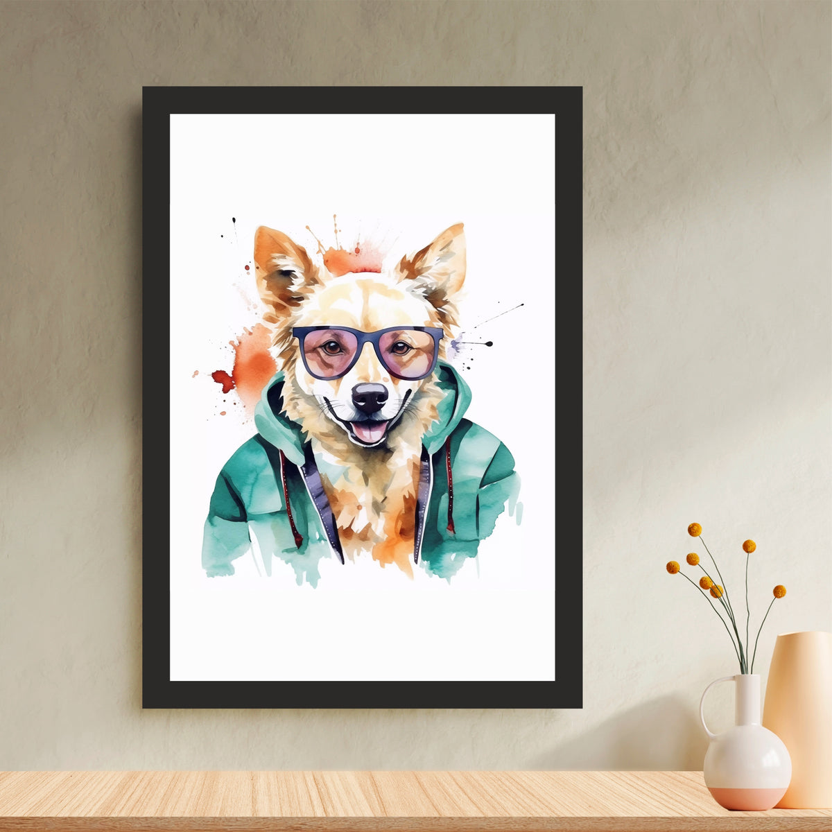 Dog Wall Art | Cute Dog in Sunglasses Watercolor Artwork | Funny Pet Wall Decor | Framed Animal Art