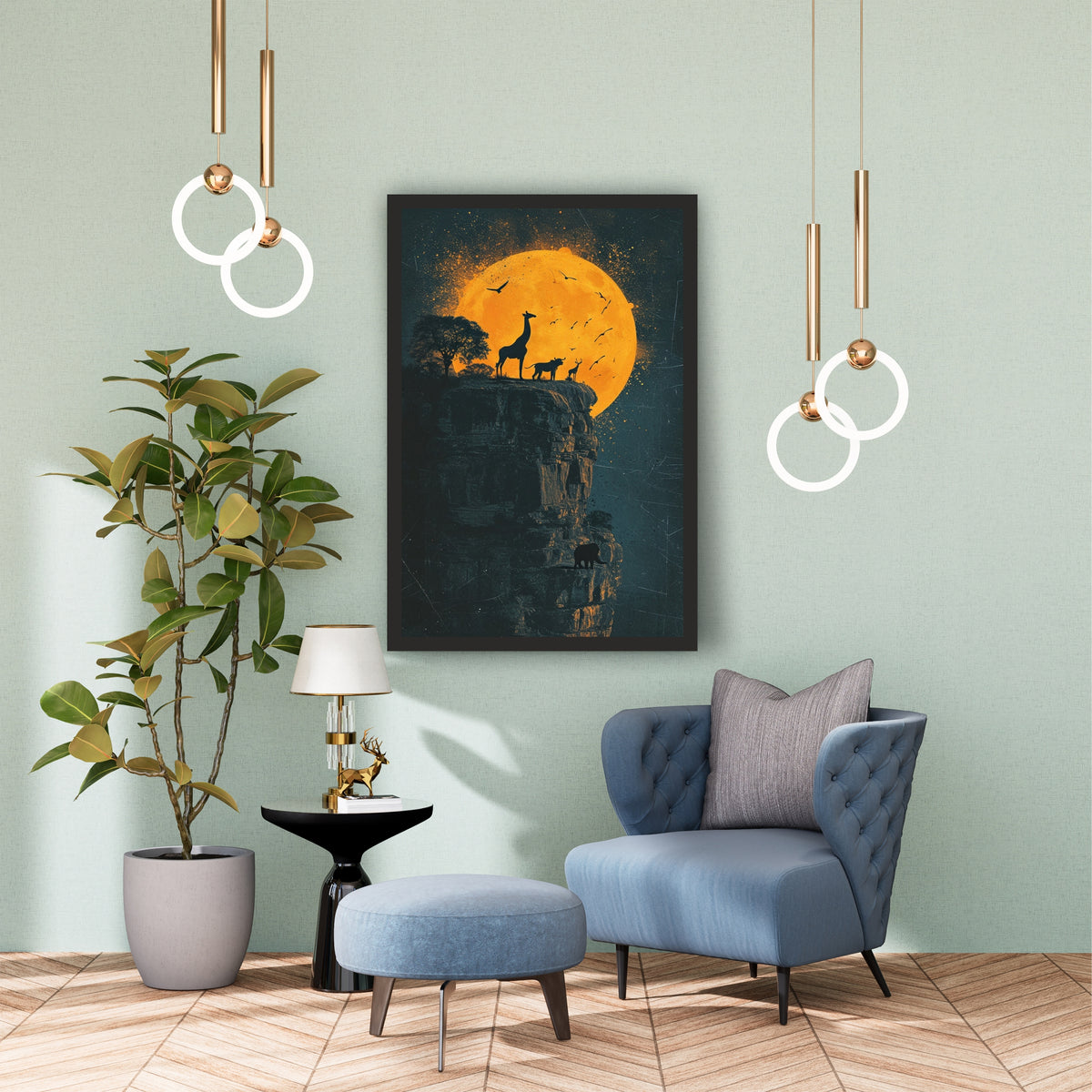African Wildlife Sunset Wall Art | Giraffe, Elephant & Safari Silhouette Artwork
