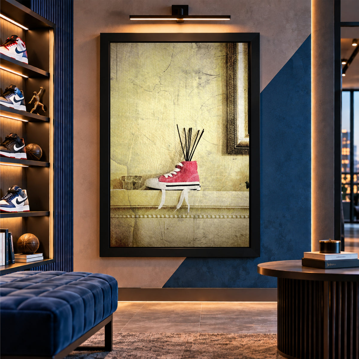 Red Sneaker Wall Art | Creative Shoe & Reed Diffuser Artwork | Vintage Footwear Photography | Retro Home Wall Decor