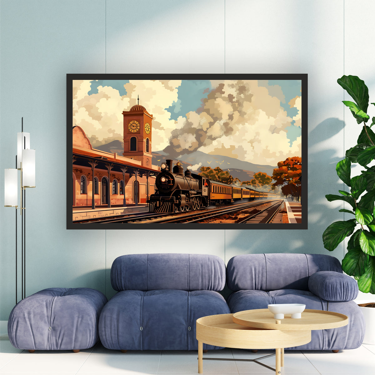 Vintage Steam Train Wall Art | Railway Station Canvas Print | Classic Locomotive Travel Illustration Poster