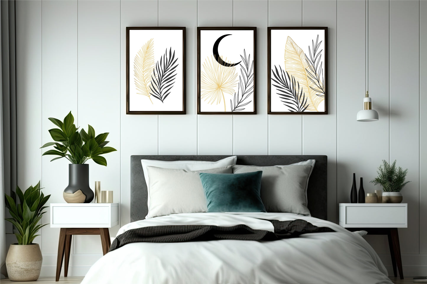 Golden Moonleaf Wall Frame Set – Minimal Botanical Art for Modern Spaces 🌙