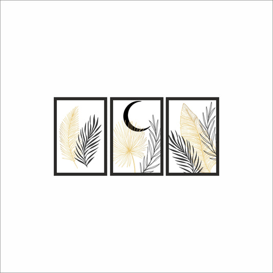 Golden Moonleaf Wall Frame Set – Minimal Botanical Art for Modern Spaces 🌙