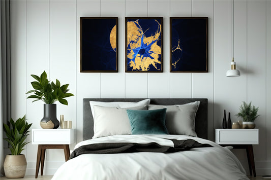 Celestial Glow Wall Frame Set – Abstract Art of Gold & Midnight Blue 🌙