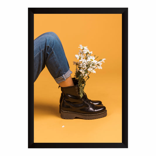Black Boots Floral Wall Art | Black Combat Boots with White Flowers Artwork | Fashion Photography | Modern Botanical Wall Decor