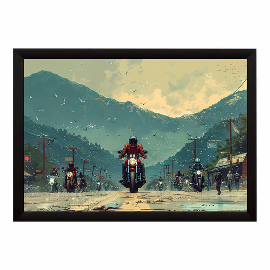 Motorcycle Adventure Wall Art | Mountain Road Ride Canvas Print | Biker Travel Illustration Poster