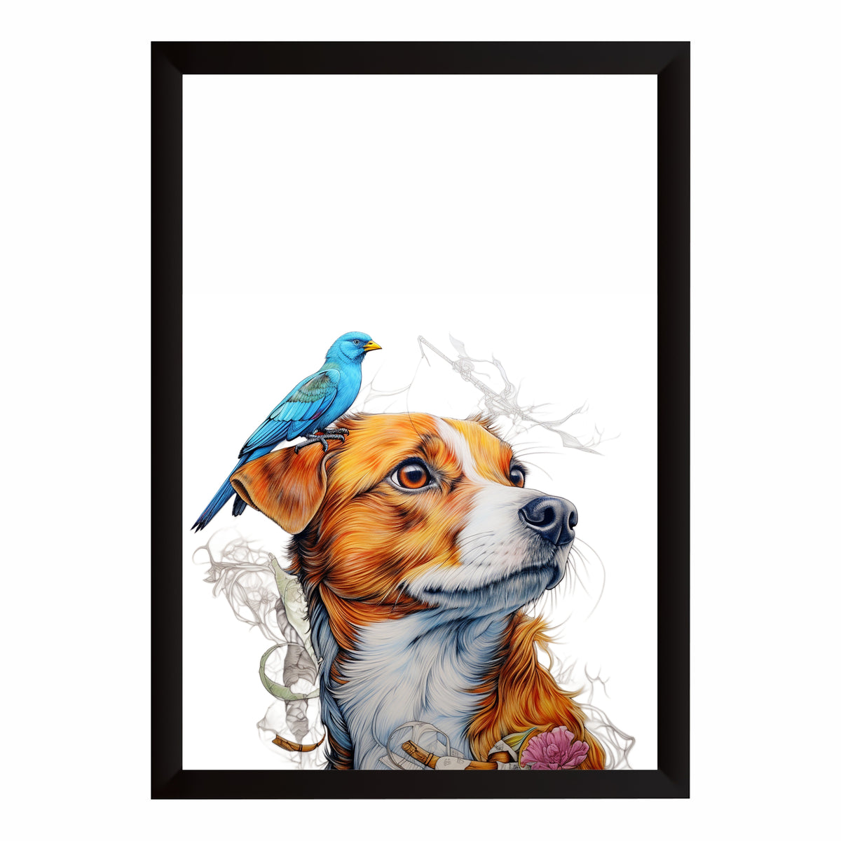 Dog Wall Art | Dog & Bird Watercolor Artwork | Cute Pet Wall Decor | Framed Animal Art