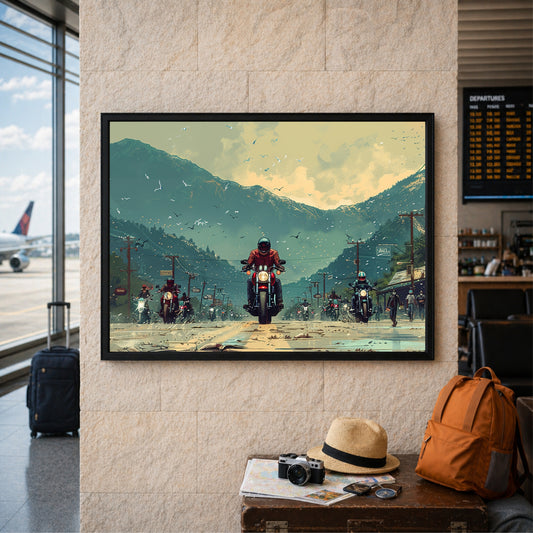 Motorcycle Adventure Wall Art | Mountain Road Ride Canvas Print | Biker Travel Illustration Poster