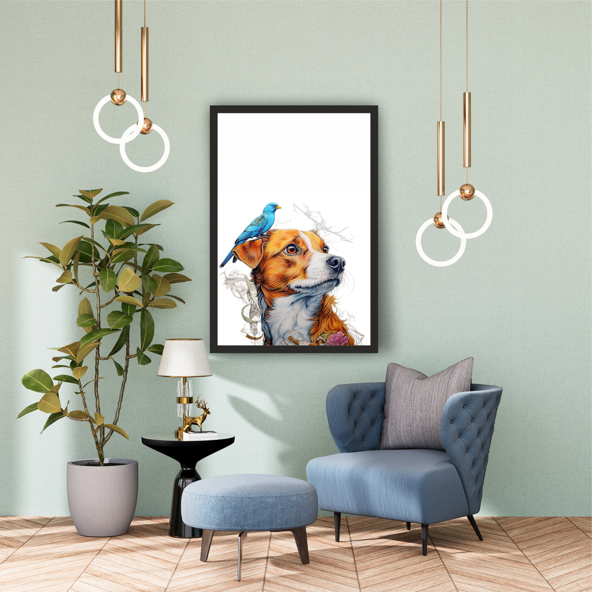 Dog Wall Art | Dog & Bird Watercolor Artwork | Cute Pet Wall Decor | Framed Animal Art