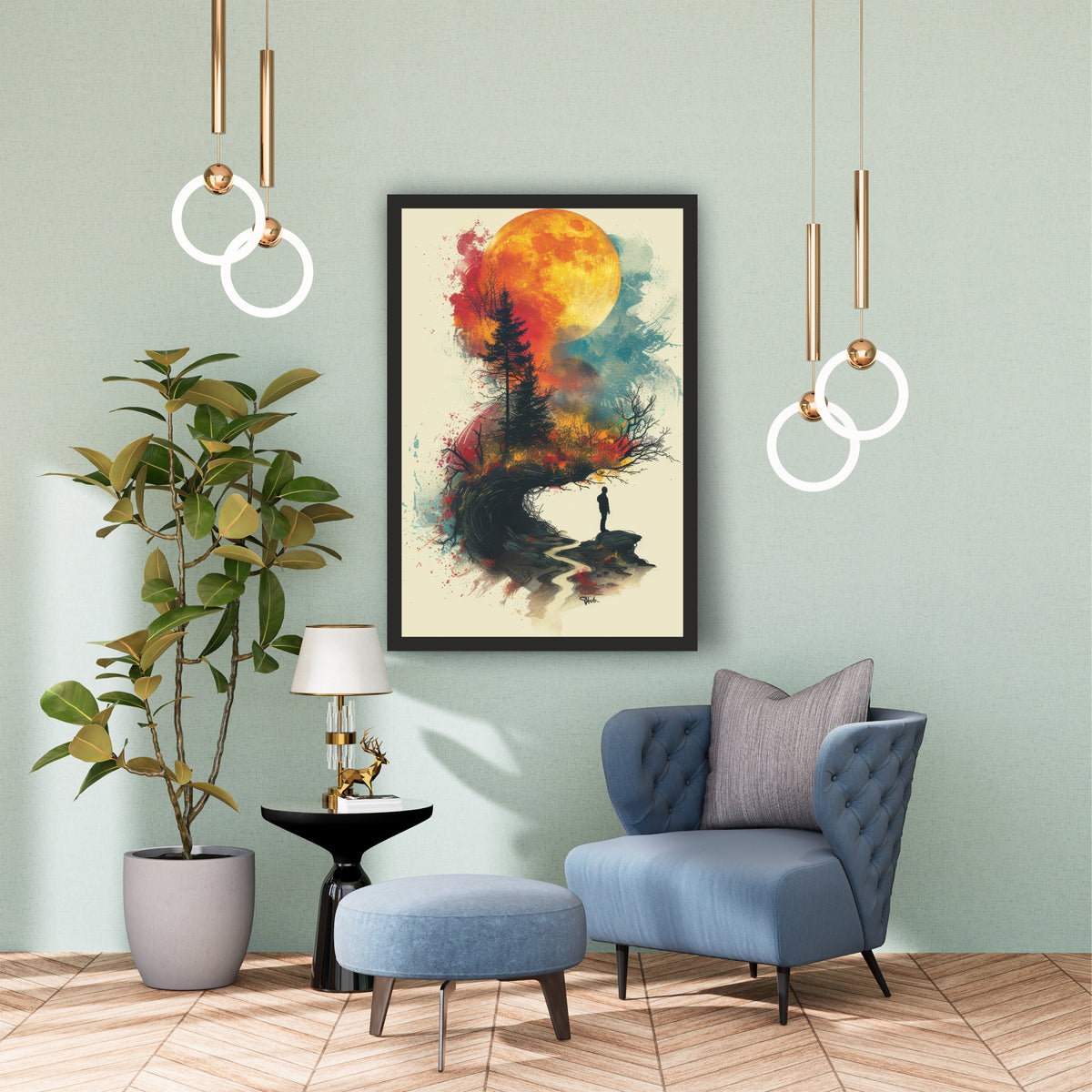Surreal Forest & Moon Wall Art | Man Silhouette Landscape Artwork