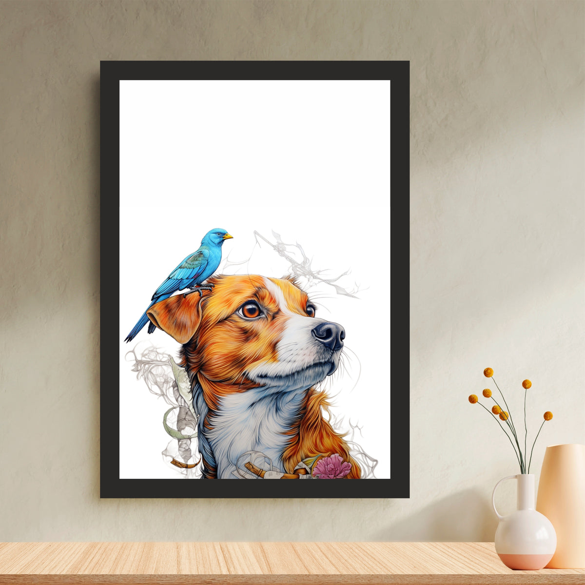 Dog Wall Art | Dog & Bird Watercolor Artwork | Cute Pet Wall Decor | Framed Animal Art