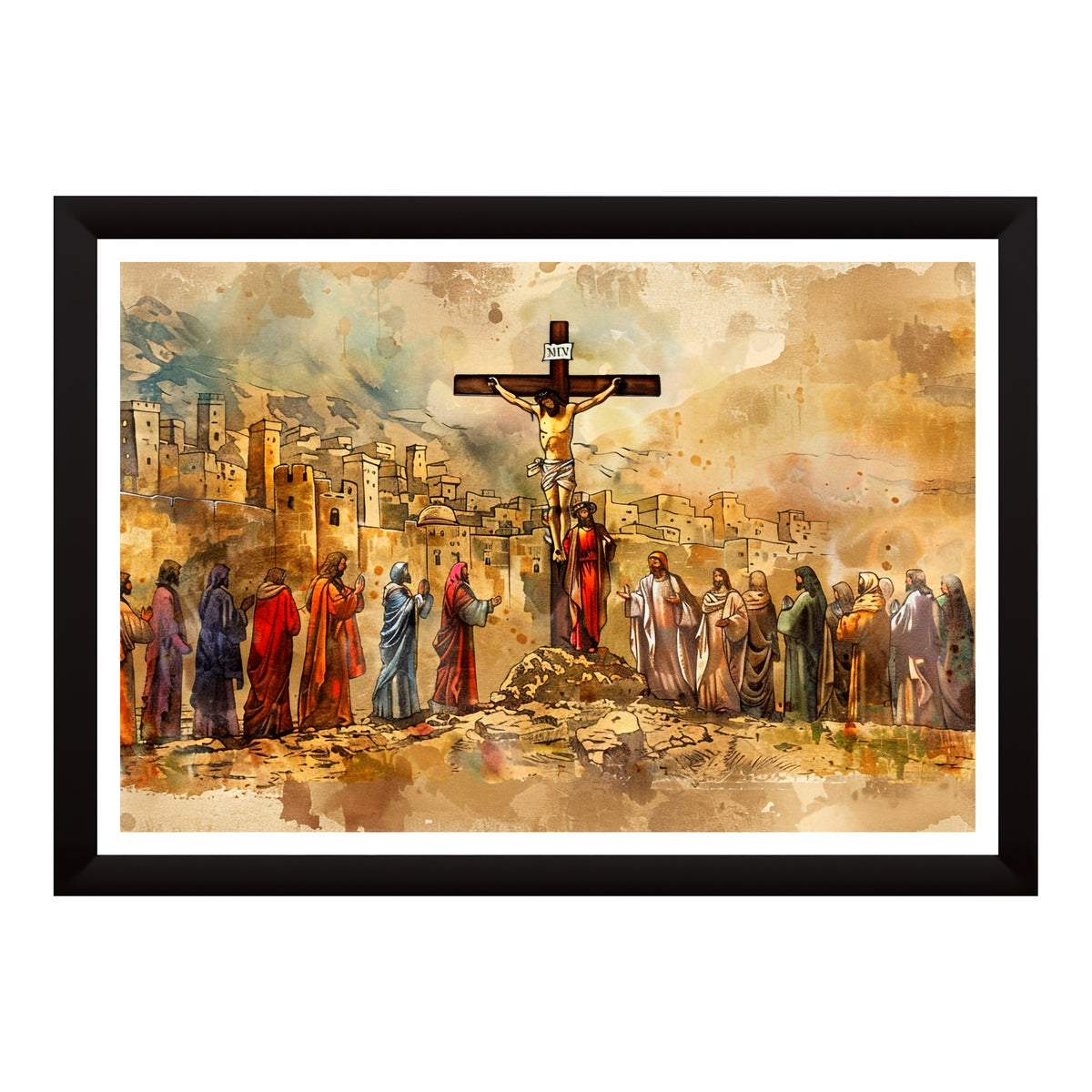 Jesus Crucifixion Watercolor Wall Art | Good Friday Christian Canvas Print | Vintage Cross of Christ Painting | Religious Home Decor