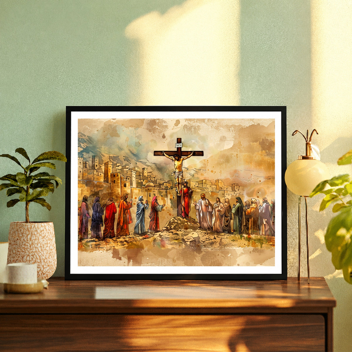 Jesus Crucifixion Watercolor Wall Art | Good Friday Christian Canvas Print | Vintage Cross of Christ Painting | Religious Home Decor
