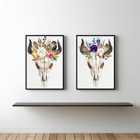 Boho Floral Skull Wall Frame Set – Rustic Charm with Artistic Edge 🌼