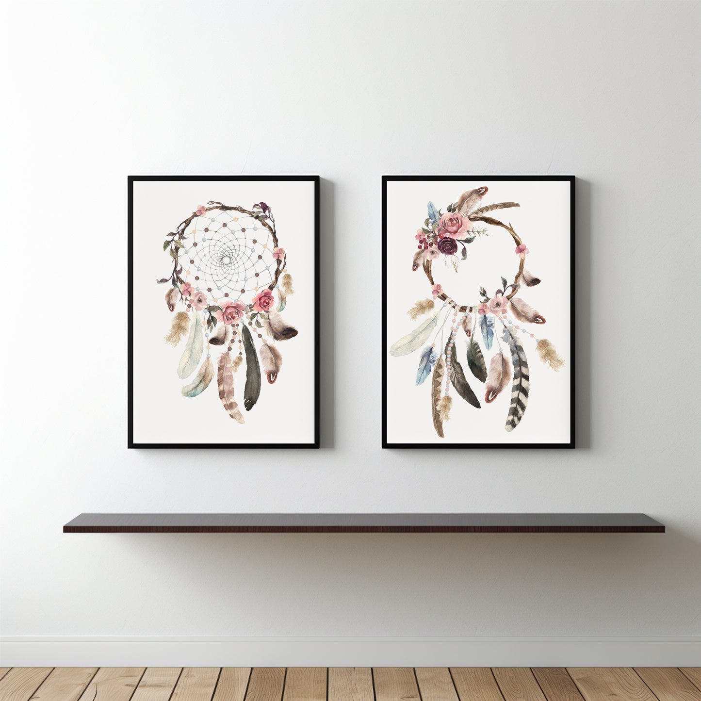 Boho Dreamcatcher Wall Frame Set – Artistic Feather & Floral Design for Peaceful Interiors 🪶