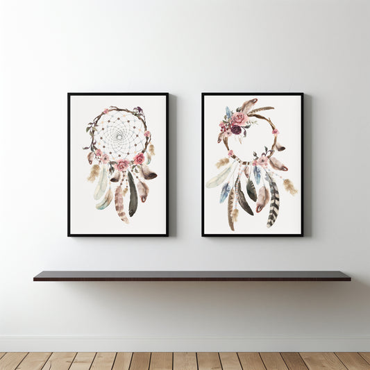 Boho Dreamcatcher Wall Frame Set – Artistic Feather & Floral Design for Peaceful Interiors 🪶