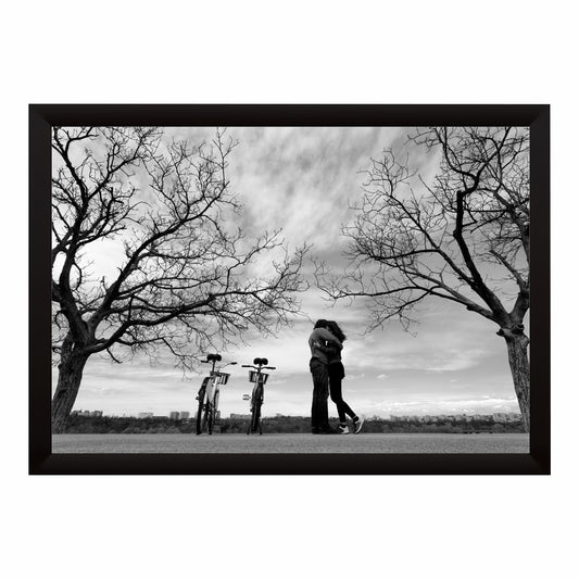 Romantic Couple Hug Wall Art | Black & White Love Photography Canvas Print | Bicycle Couple Wall Decor | Minimalist Romantic Artwork