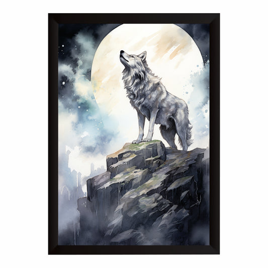 Wolf Wall Art | Moonlit Wolf Mountain Artwork | Framed Wildlife Wall Decor | Nature Animal Art