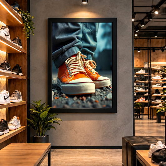 Orange Sneakers Wall Art | Stylish Orange High-Top Shoes Artwork | Urban Fashion Footwear Photography | Modern Wall Decor