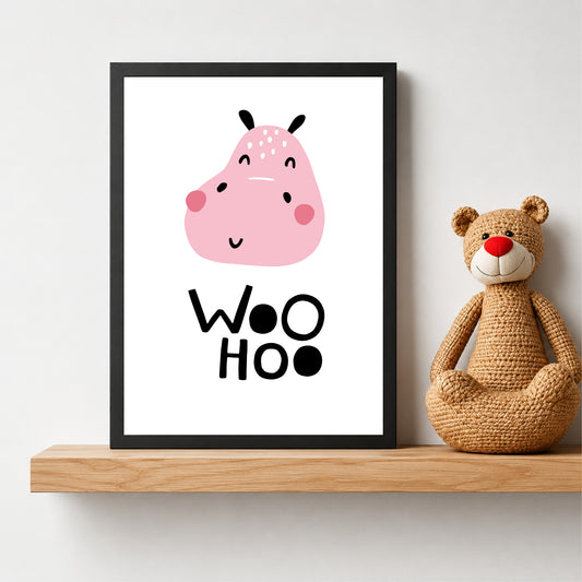 Woo Hoo Hippo Nursery Wall Art | Cute Animal Kids Room Poster