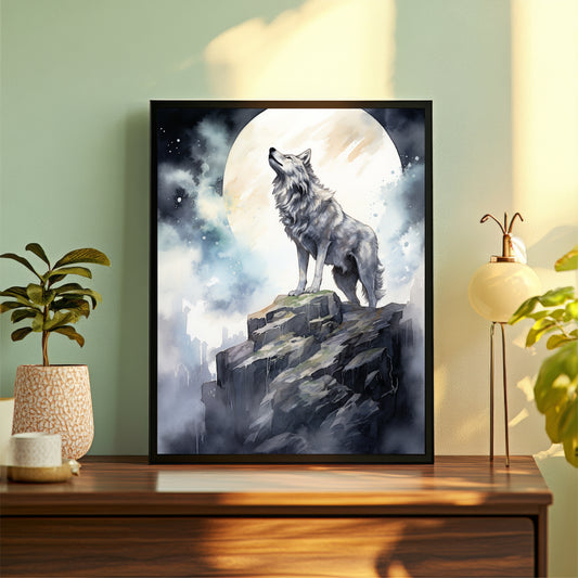 Wolf Wall Art | Moonlit Wolf Mountain Artwork | Framed Wildlife Wall Decor | Nature Animal Art