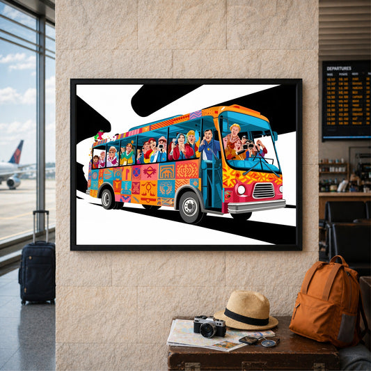 Tourist Bus Wall Art | Colorful Travel Bus Canvas Print | Vacation Adventure Illustration Poster