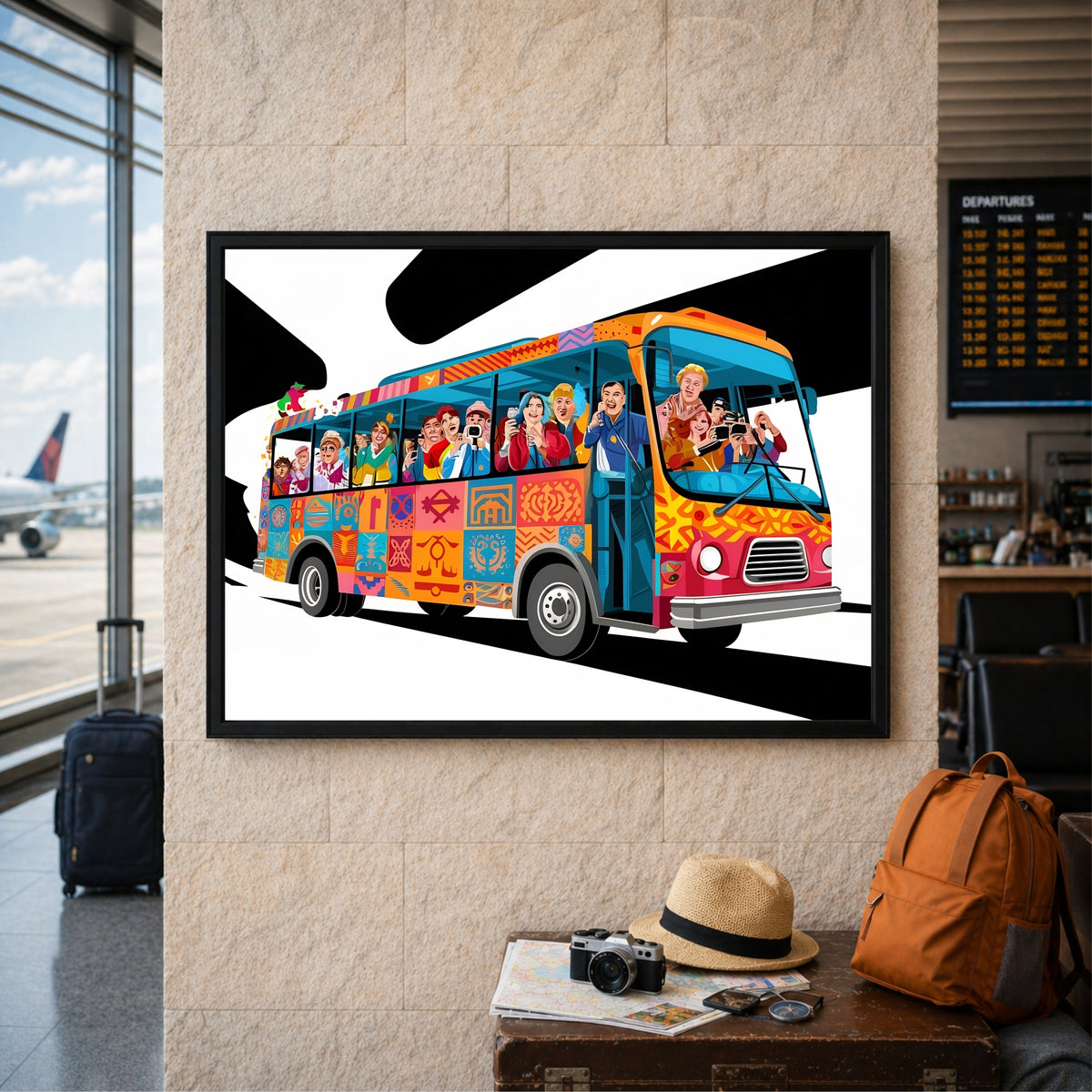 Tourist Bus Wall Art | Colorful Travel Bus Canvas Print | Vacation Adventure Illustration Poster
