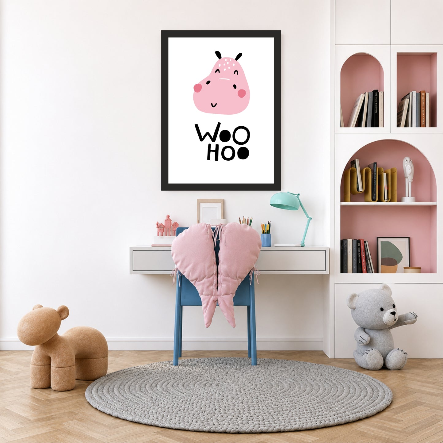 Woo Hoo Hippo Nursery Wall Art | Cute Animal Kids Room Poster