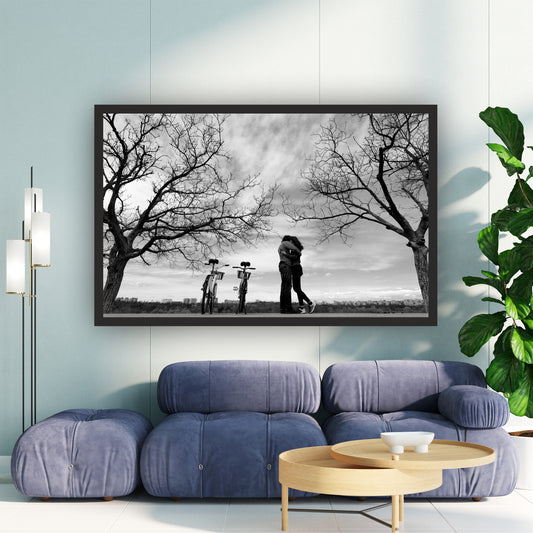Romantic Couple Hug Wall Art | Black & White Love Photography Canvas Print | Bicycle Couple Wall Decor | Minimalist Romantic Artwork