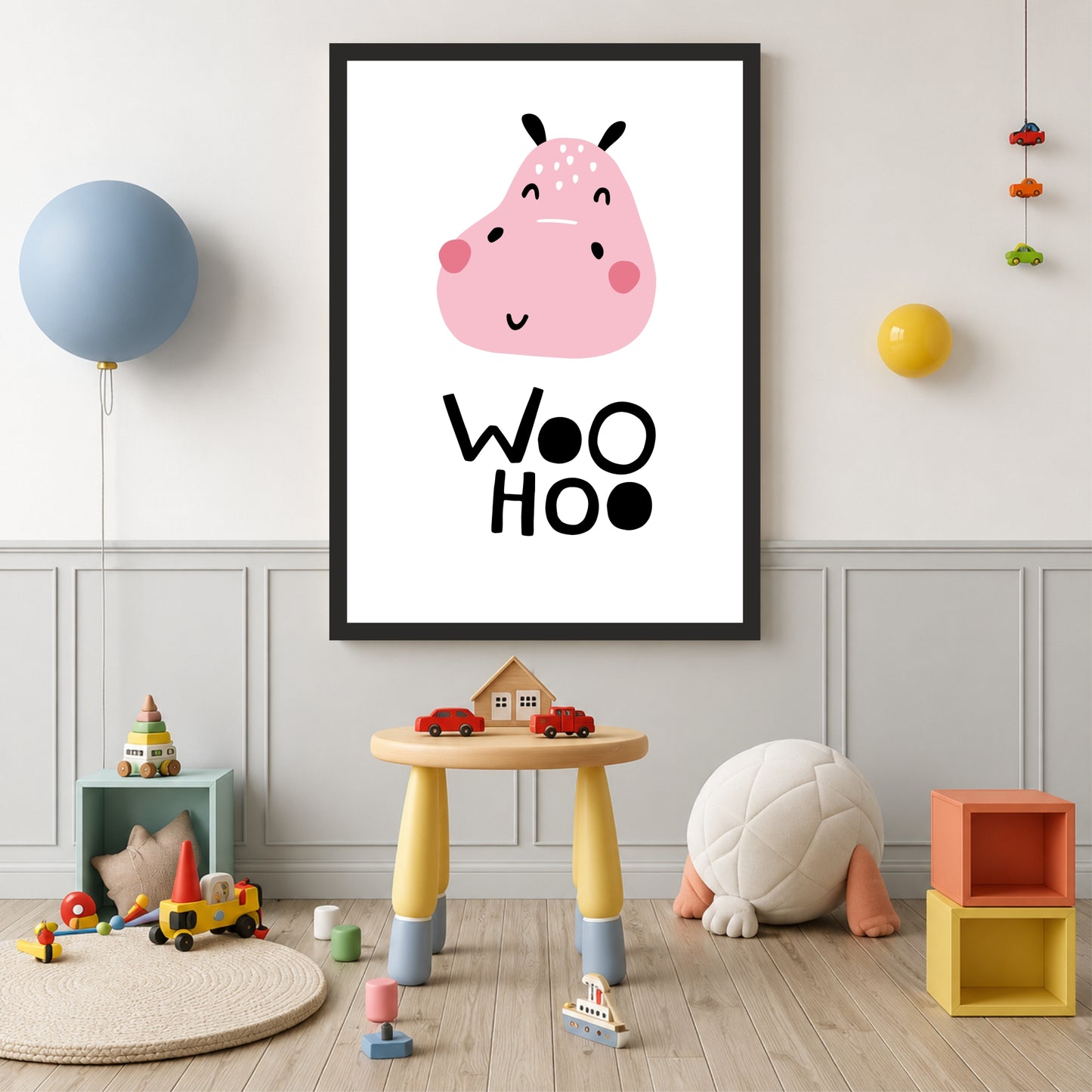 Woo Hoo Hippo Nursery Wall Art | Cute Animal Kids Room Poster