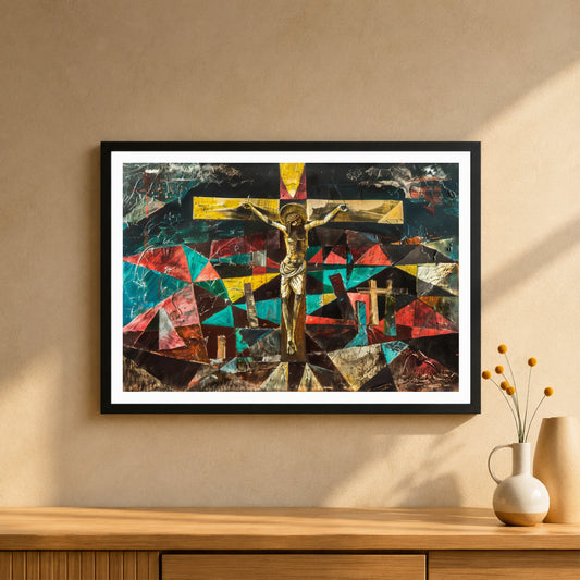Abstract Crucifixion of Jesus Wall Art | Modern Christian Canvas Print | Geometric Cross Artwork | Contemporary Religious Home Decor