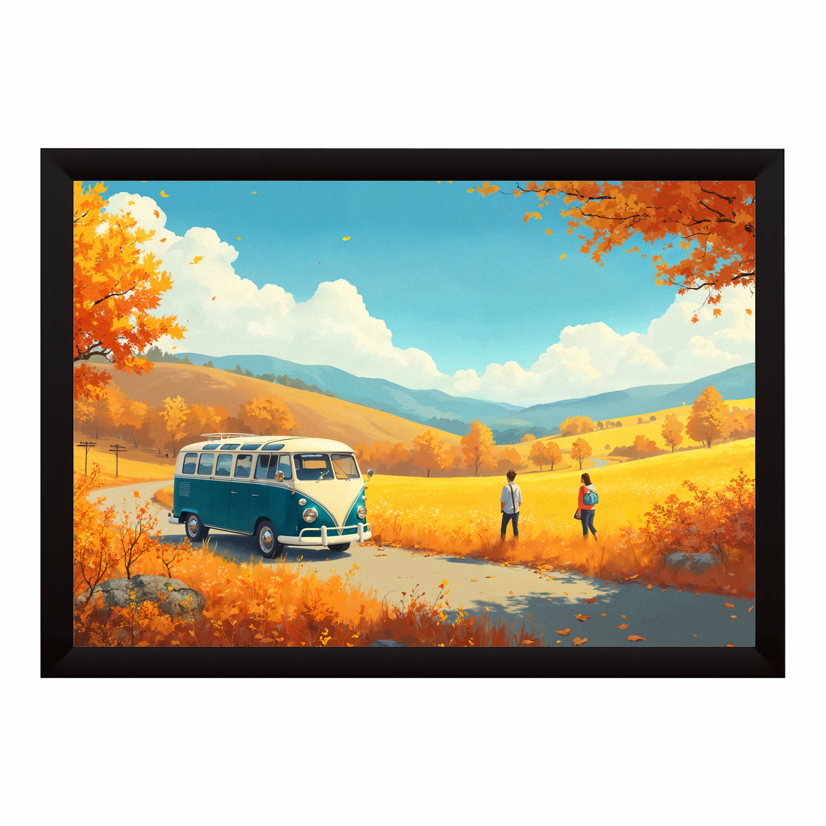 Vintage Camper Van Wall Art | Autumn Road Trip Canvas Print | Scenic Travel Landscape Illustration Poster