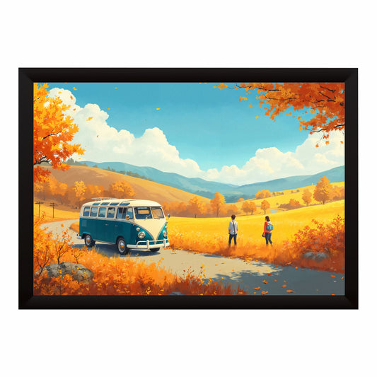 Vintage Camper Van Wall Art | Autumn Road Trip Canvas Print | Scenic Travel Landscape Illustration Poster
