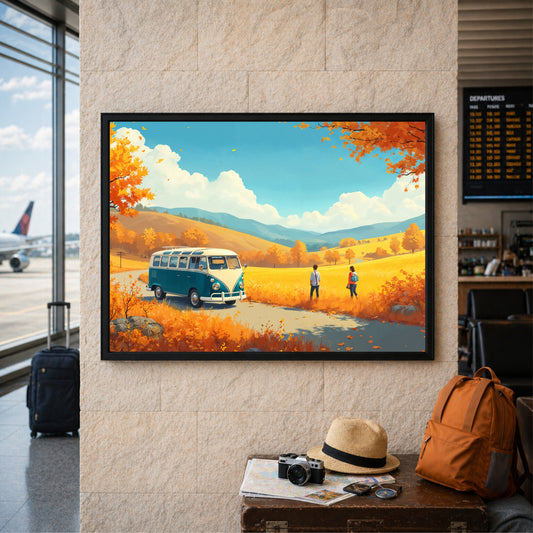 Vintage Camper Van Wall Art | Autumn Road Trip Canvas Print | Scenic Travel Landscape Illustration Poster