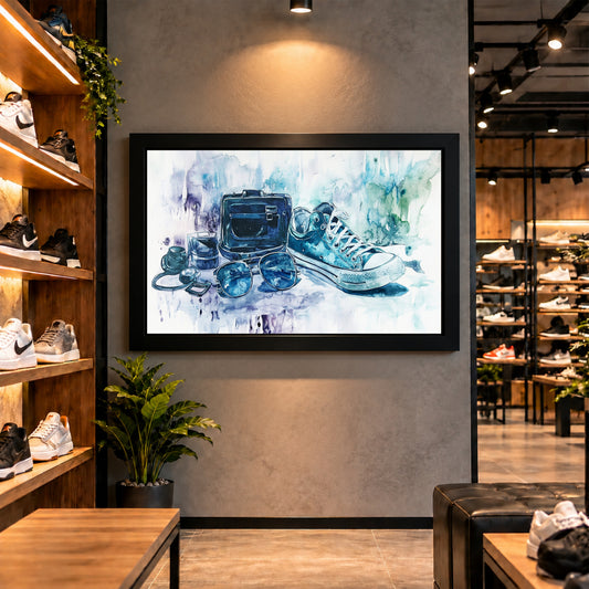 Travel Shoes Wall Art | Blue Sneaker & Suitcase Watercolor Artwork | Travel Photography Art | Adventure Wall Decor