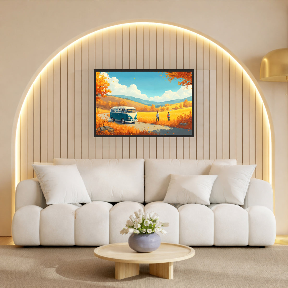 Vintage Camper Van Wall Art | Autumn Road Trip Canvas Print | Scenic Travel Landscape Illustration Poster