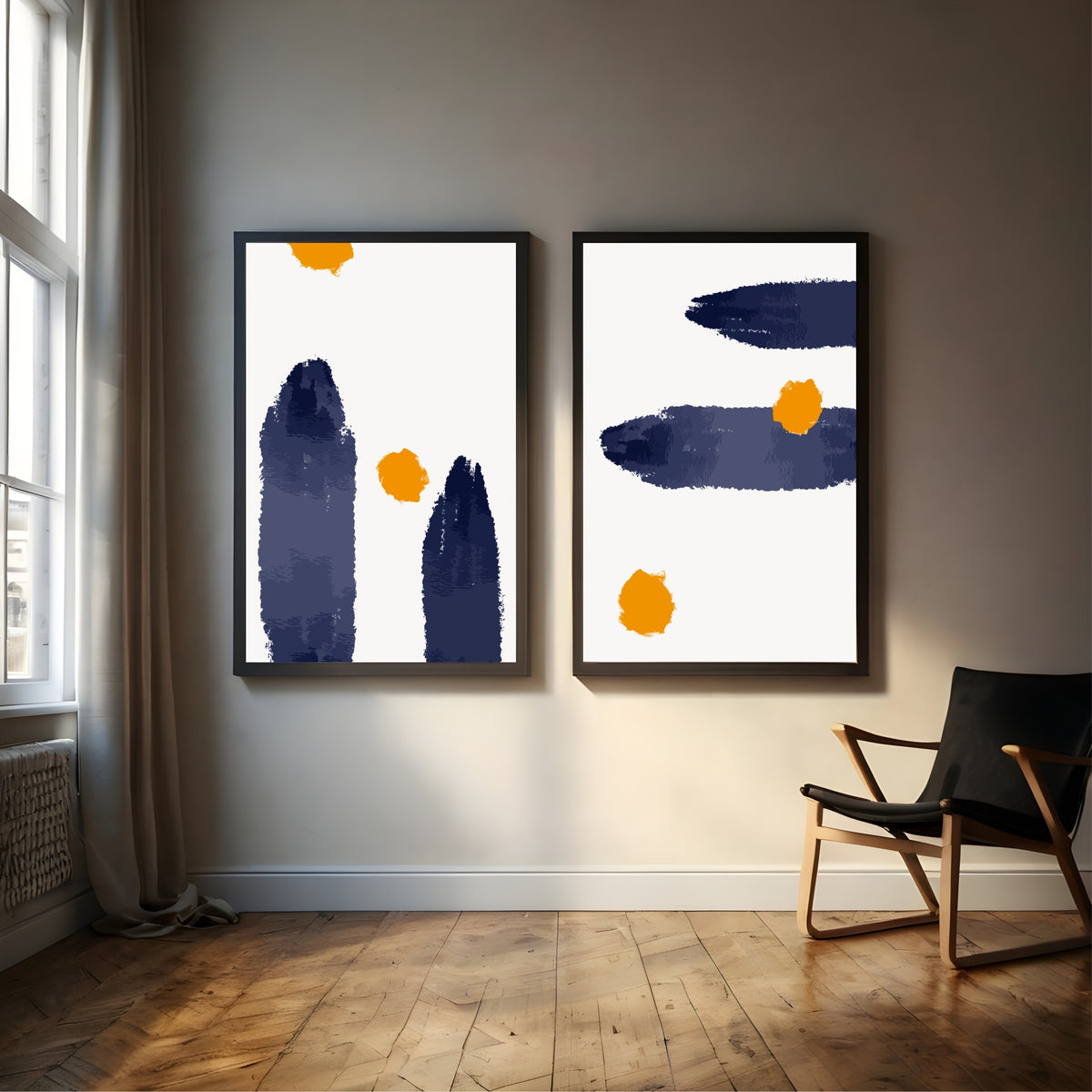 Navy Blue & Orange Abstract Wall Art Set | Modern Minimalist Geometric Prints