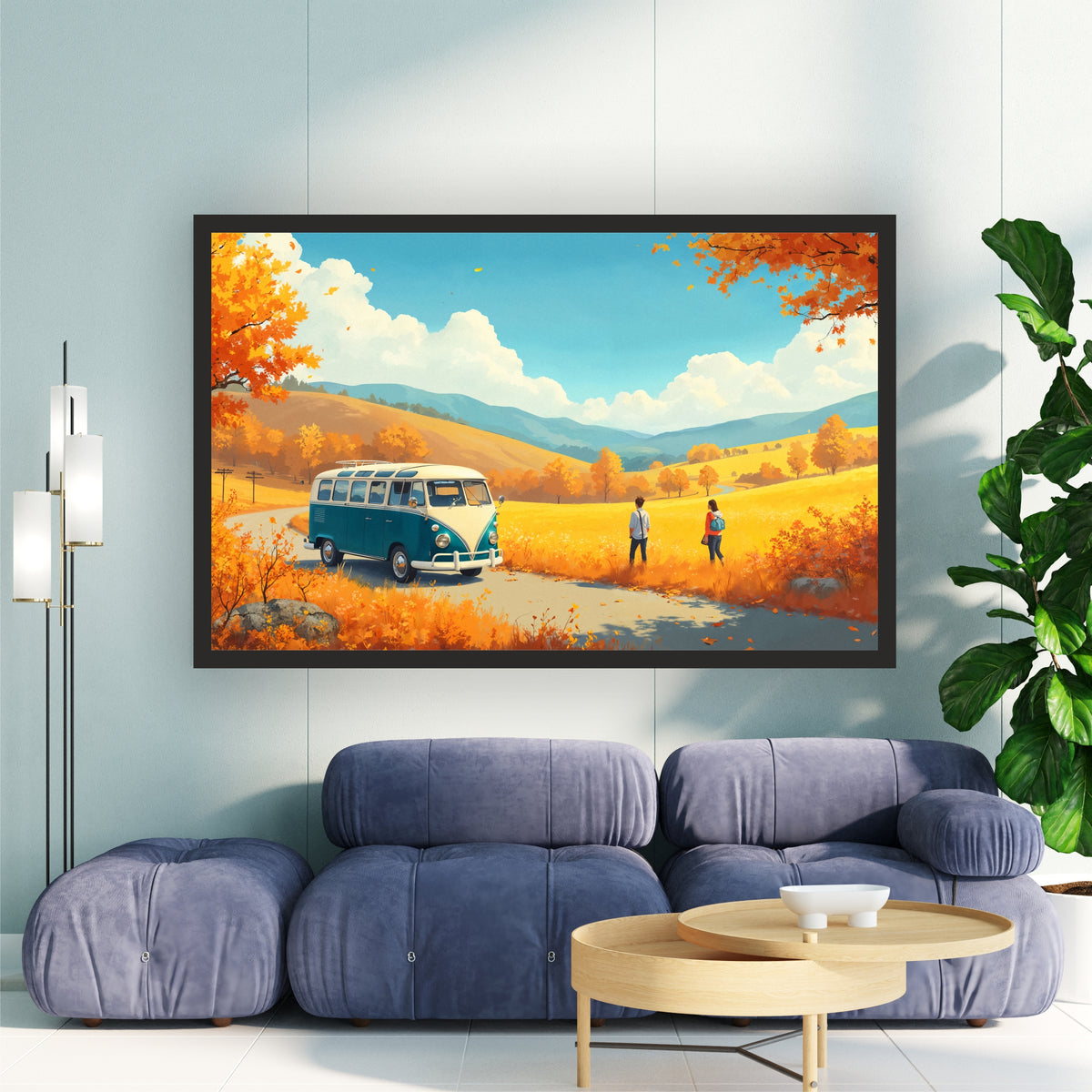 Vintage Camper Van Wall Art | Autumn Road Trip Canvas Print | Scenic Travel Landscape Illustration Poster