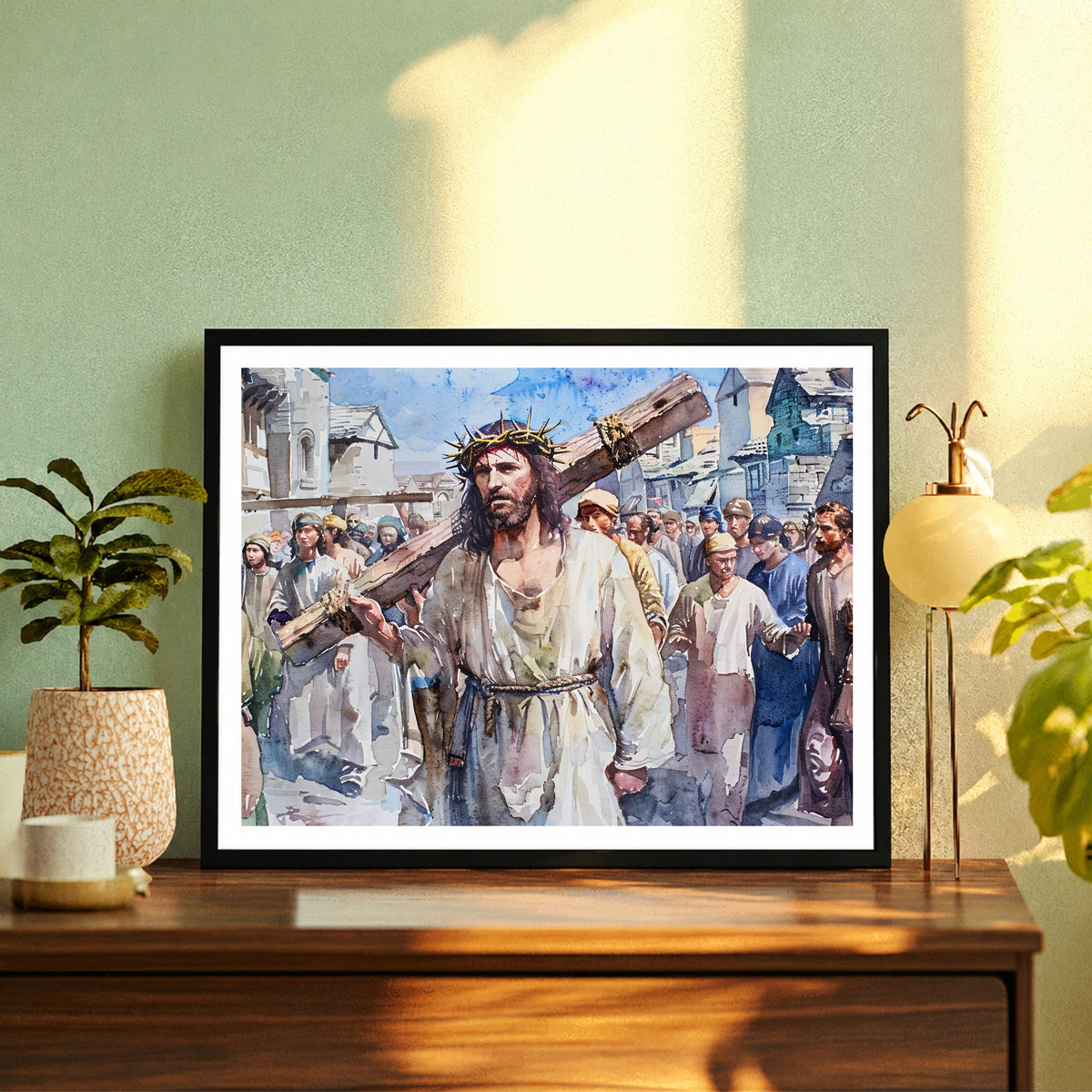 Jesus Carrying the Cross Watercolor Wall Art | Via Dolorosa Christian Canvas Print | Good Friday Religious Artwork | Christ Passion Home Decor