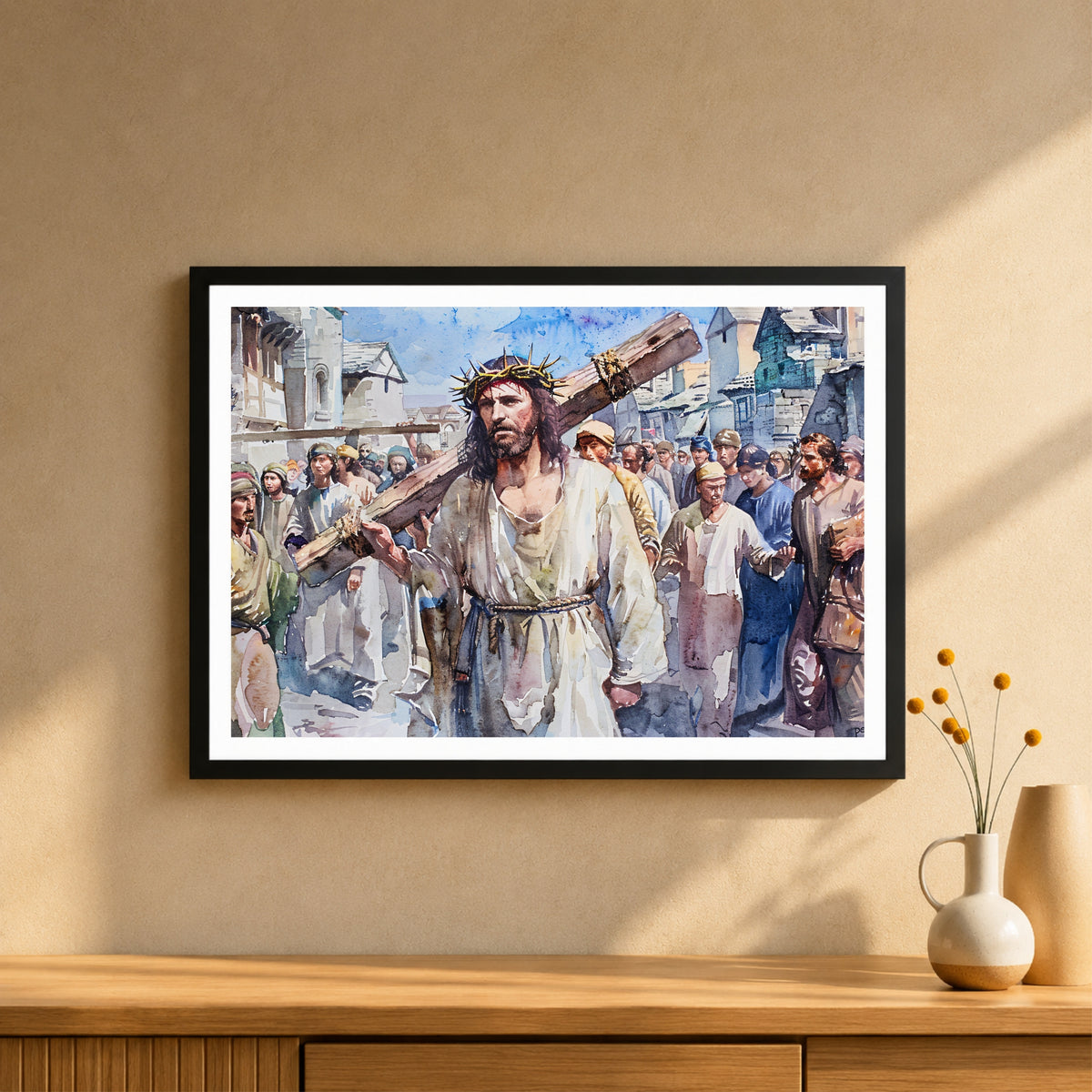 Jesus Carrying the Cross Watercolor Wall Art | Via Dolorosa Christian Canvas Print | Good Friday Religious Artwork | Christ Passion Home Decor