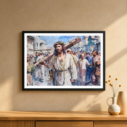 Jesus Carrying the Cross Watercolor Wall Art | Via Dolorosa Christian Canvas Print | Good Friday Religious Artwork | Christ Passion Home Decor