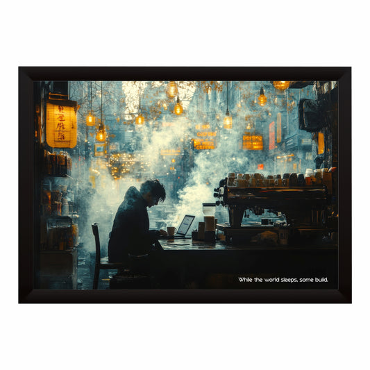 While the World Sleeps Some Build Wall Art | Late Night Coffee Canvas Print | Modern Café Decor