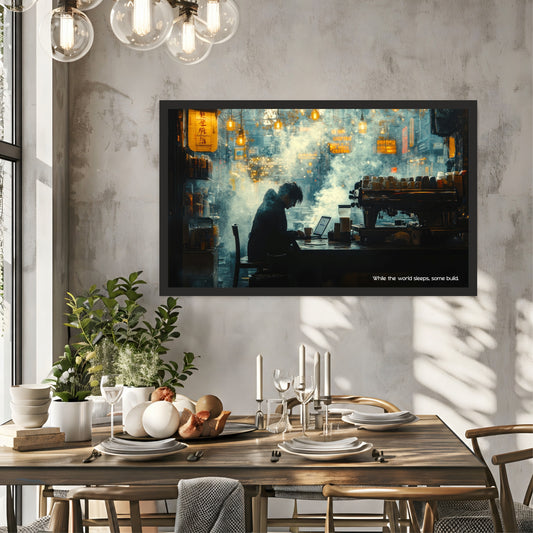 While the World Sleeps Some Build Wall Art | Late Night Coffee Canvas Print | Modern Café Decor