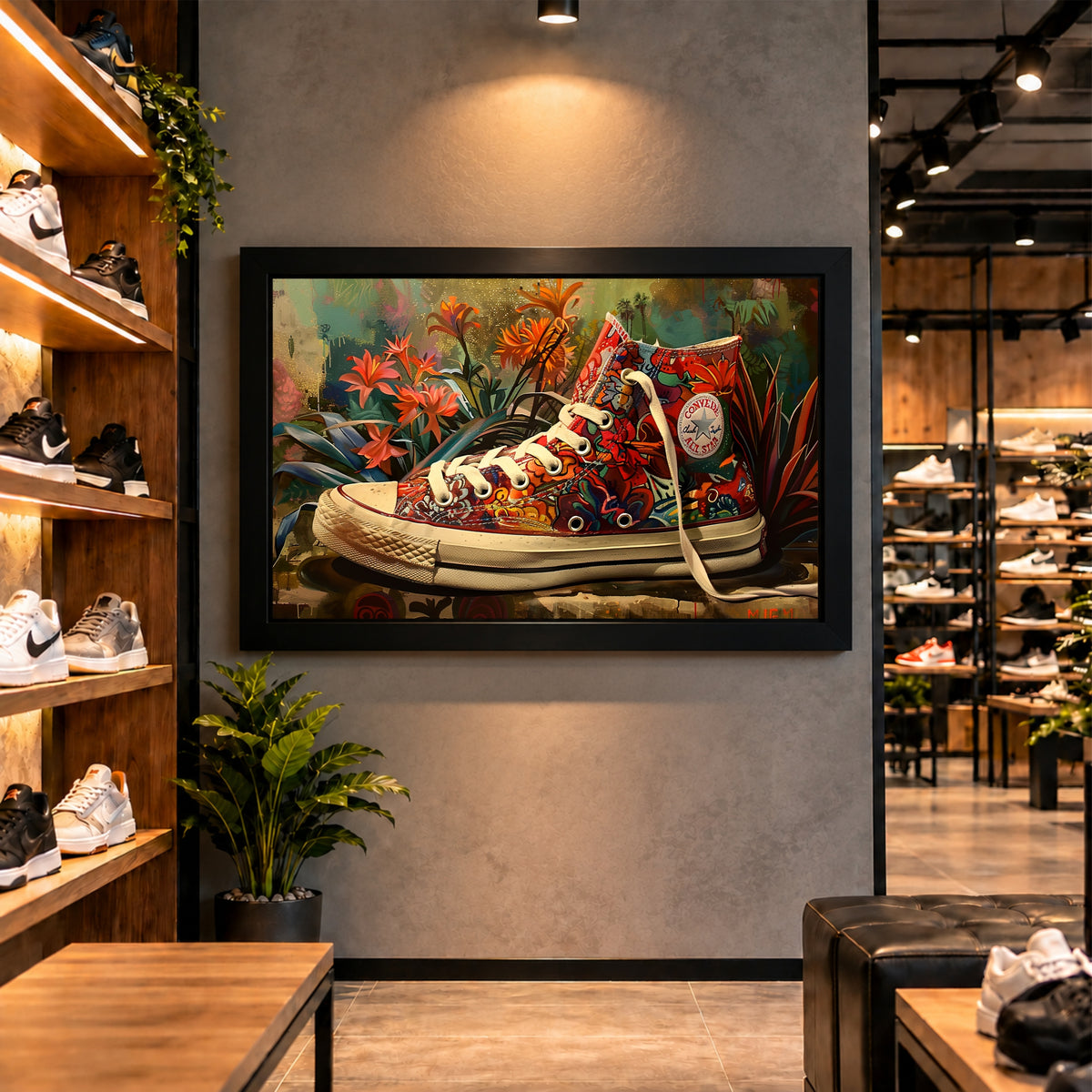 Colorful Floral Sneaker Wall Art | Artistic High-Top Shoes Artwork | Vibrant Flower & Fashion Poster | Modern Boho Wall Decor