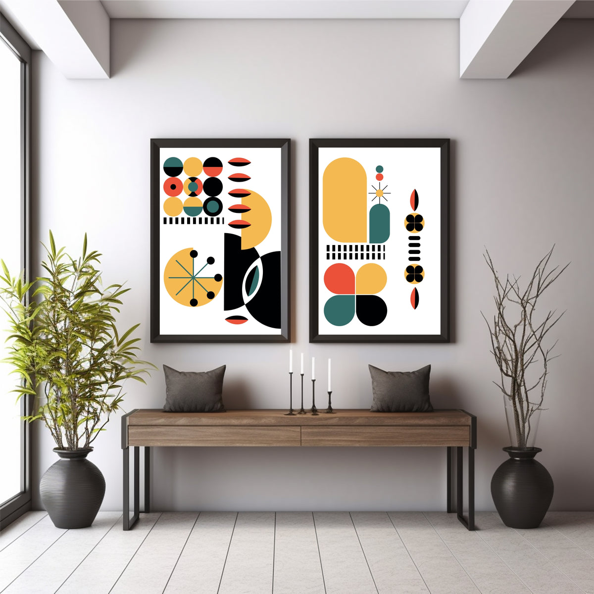 Mid Century Modern Geometric Wall Art Set of 2 | Abstract Color Block Prints