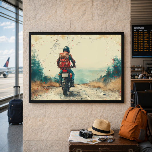 Adventure Motorcycle Wall Art | Wanderlust Rider Canvas Print | Vintage Travel Road Illustration Poster