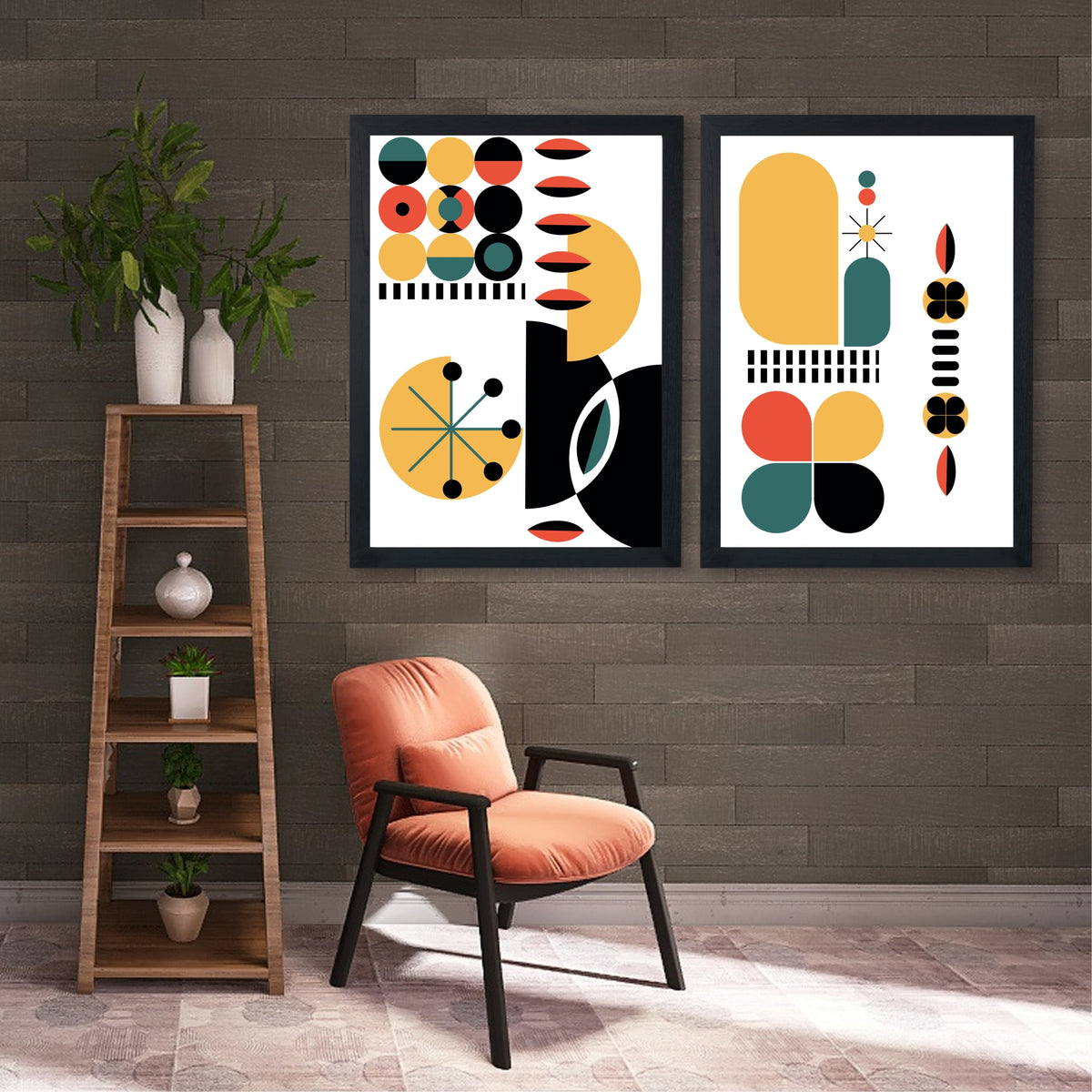Mid Century Modern Geometric Wall Art Set of 2 | Abstract Color Block Prints