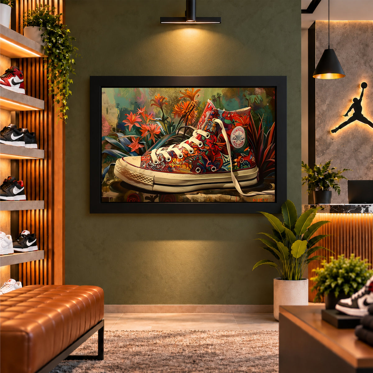 Colorful Floral Sneaker Wall Art | Artistic High-Top Shoes Artwork | Vibrant Flower & Fashion Poster | Modern Boho Wall Decor